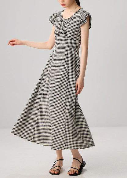 Französisch Plaid O Neck Hohe Taille Baumwolle Kleider Sommer
