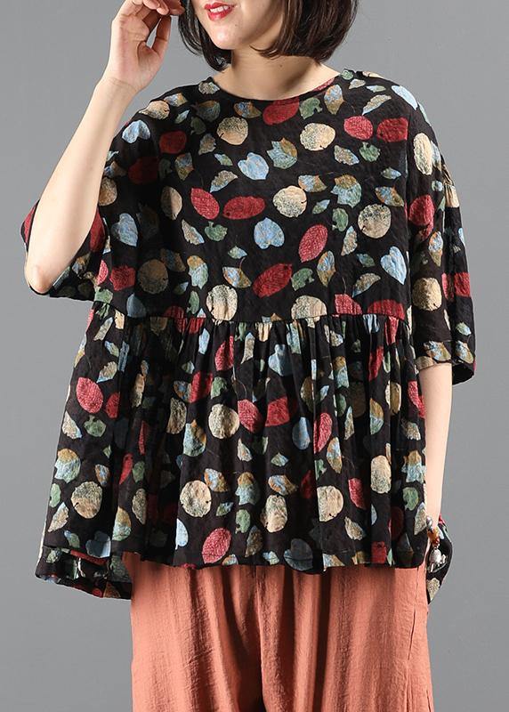 French Plant printing top silhouette Work Outfits o neck Cinched summer blouse - SooLinen