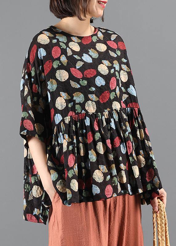 French Plant printing top silhouette Work Outfits o neck Cinched summer blouse - SooLinen