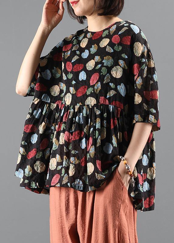 French Plant printing top silhouette Work Outfits o neck Cinched summer blouse - SooLinen