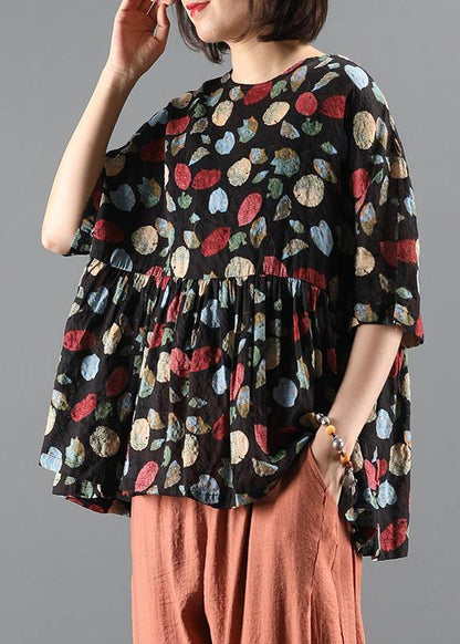 French Plant printing top silhouette Work Outfits o neck Cinched summer blouse - SooLinen