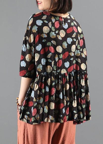 French Plant printing top silhouette Work Outfits o neck Cinched summer blouse - SooLinen