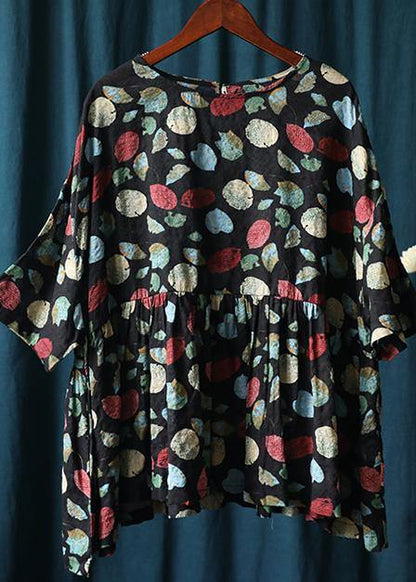 French Plant printing top silhouette Work Outfits o neck Cinched summer blouse - SooLinen