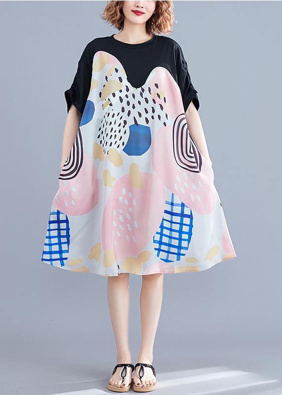 French Print Dress O Neck Short Sleeve Summer Dress - SooLinen