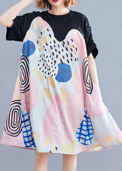 French Print Dress O Neck Short Sleeve Summer Dress - SooLinen