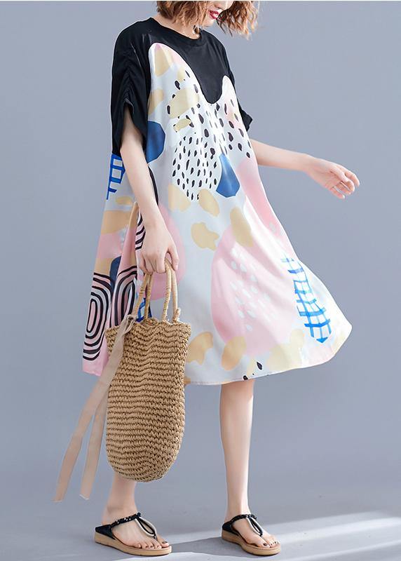 French Print Dress O Neck Short Sleeve Summer Dress - SooLinen