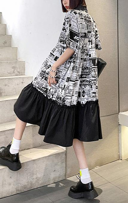 French Print Patchwork Cotton Turn-down Collar Summer Dresses - SooLinen