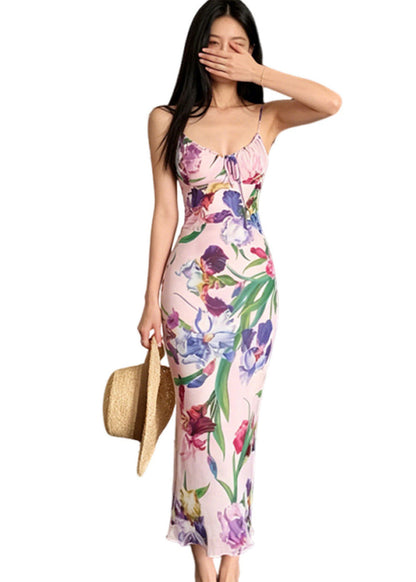 French Print Tulle Spaghetti Strap Dress Summer