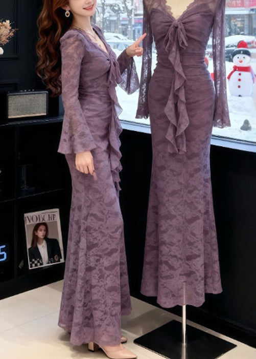 French Purple Bow Lace Slim Fit Maxi Dresses Spring