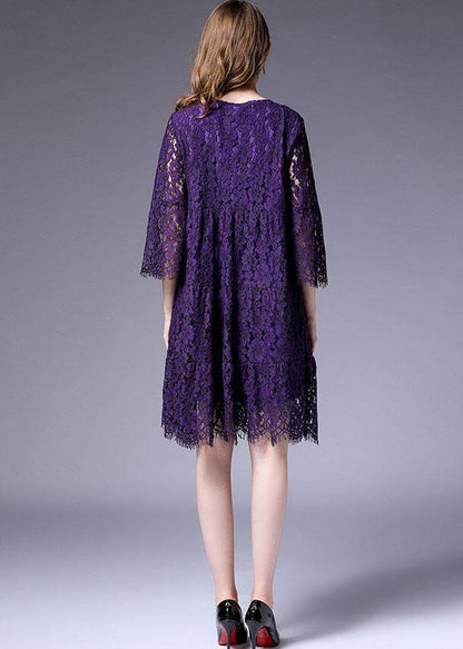 French Purple Half Sleeve Casual Spring Floral Vacation Dresses Half Sleeve - SooLinen