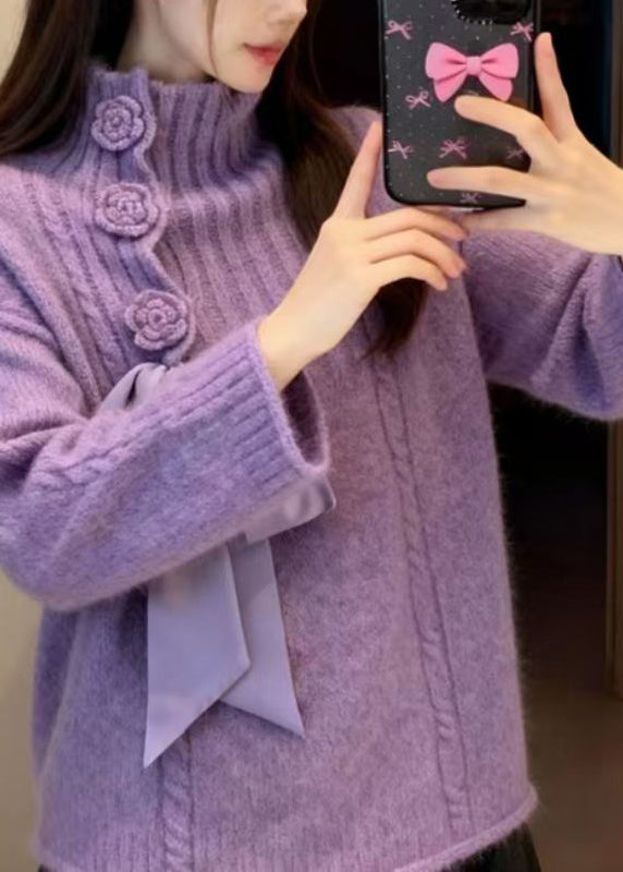 French Purple Hign Neck Floral Knit Sweaters Winter