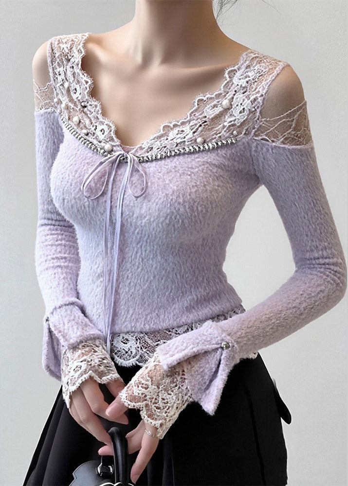 French Purple Lace Nail Bead Patchwork Knit Top Spring
