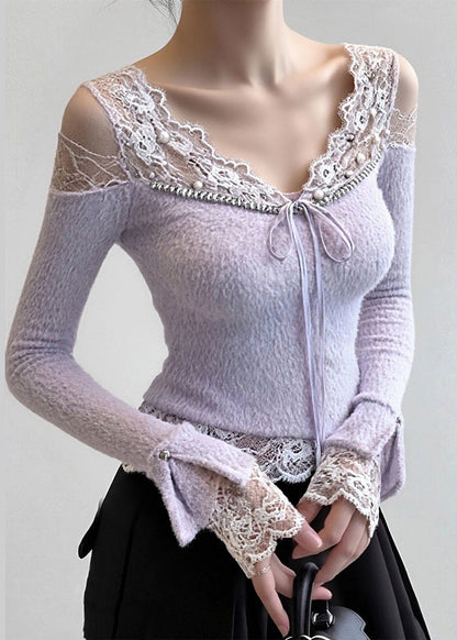 French Purple Lace Nail Bead Patchwork Knit Top Spring
