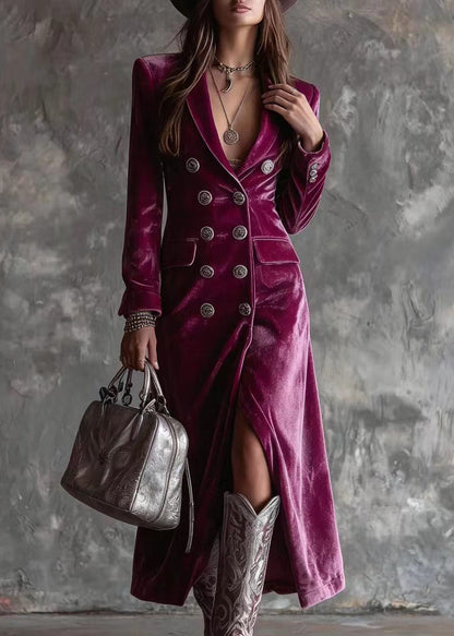 French Purple Notched Double Breast Velvet Dress Long Sleeve