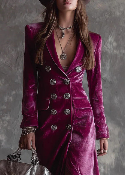 French Purple Notched Double Breast Velvet Dress Long Sleeve