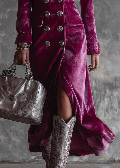French Purple Notched Double Breast Velvet Dress Long Sleeve