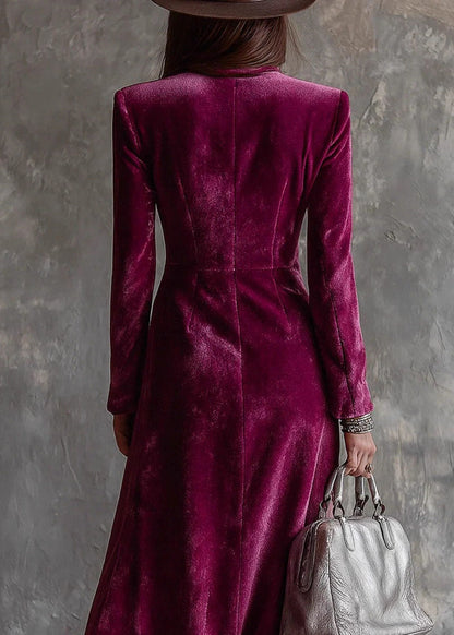 French Purple Notched Double Breast Velvet Dress Long Sleeve