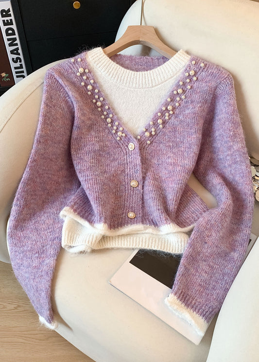 French Purple Pearl Button Patchwork Knit Sweater Spring