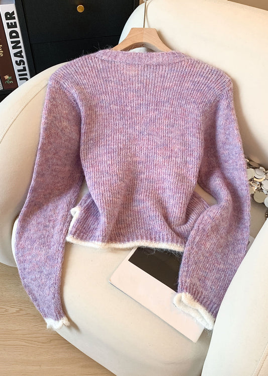 French Purple Pearl Button Patchwork Knit Sweater Spring