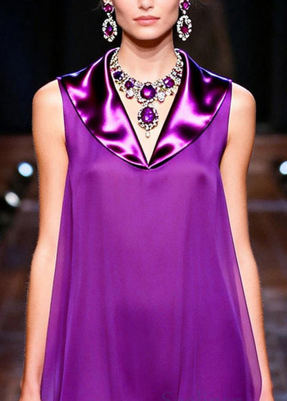 French Purple Peter Pan Collar Patchwork Chiffon Day Dress Sleeveless