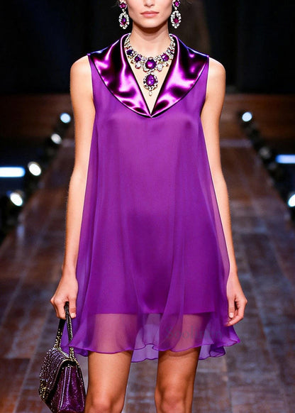French Purple Peter Pan Collar Patchwork Chiffon Day Dress Sleeveless