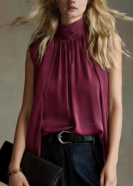 French Purple Ribbon Pleated Silk Top Sleeveless