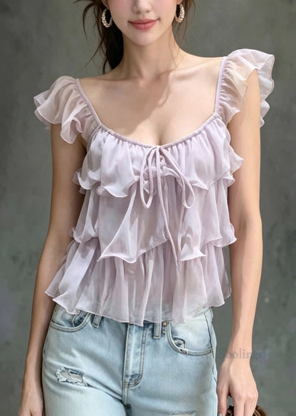 French Purple Ruffled Lace Up Patchwork Chiffon Tops Summer