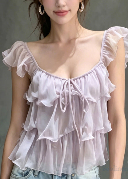French Purple Ruffled Lace Up Patchwork Chiffon Tops Summer