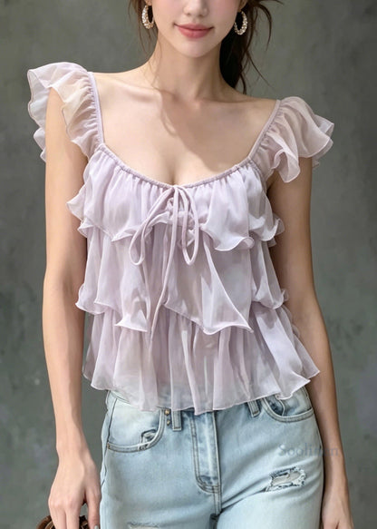 French Purple Ruffled Lace Up Patchwork Chiffon Tops Summer