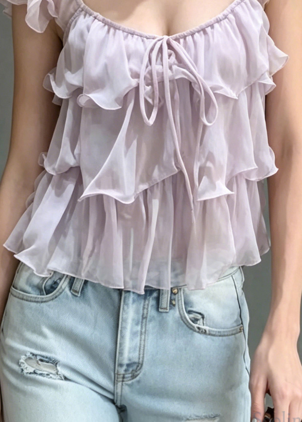 French Purple Ruffled Lace Up Patchwork Chiffon Tops Summer