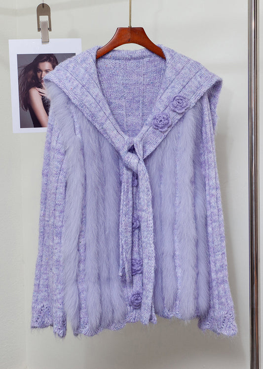 Suéteres de punto con cuello marinero morado francés de piel de zorro y patchwork para invierno