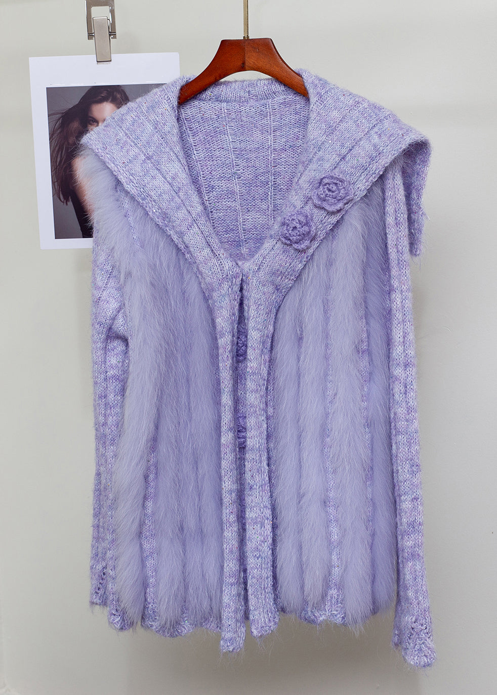 Suéteres de punto con cuello marinero morado francés de piel de zorro y patchwork para invierno