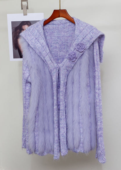 Suéteres de punto con cuello marinero morado francés de piel de zorro y patchwork para invierno