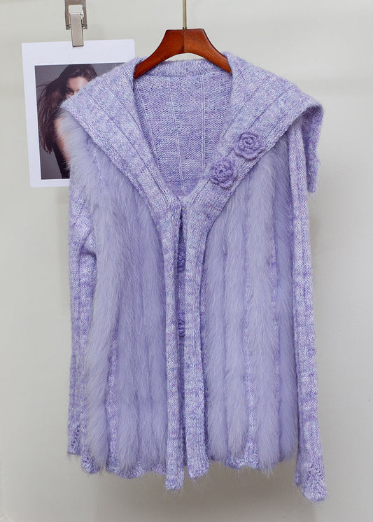 Suéteres de punto con cuello marinero morado francés de piel de zorro y patchwork para invierno