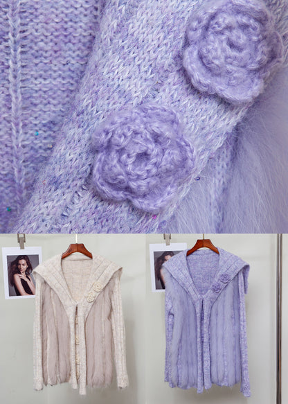 Suéteres de punto con cuello marinero morado francés de piel de zorro y patchwork para invierno
