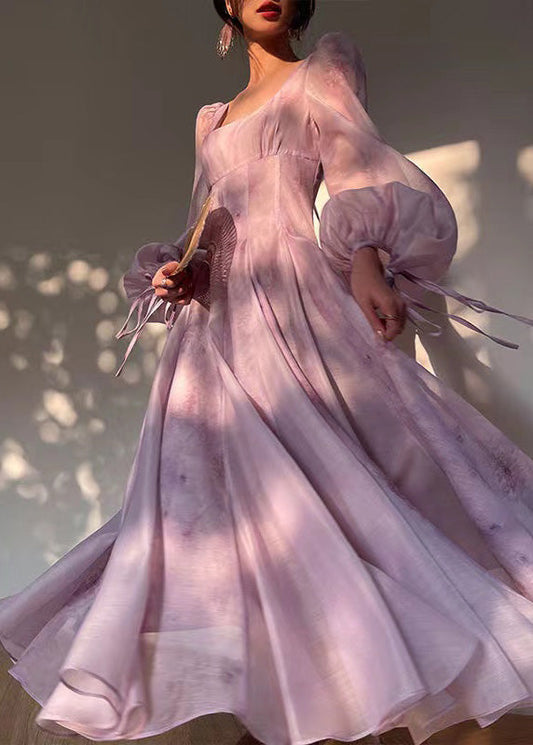 Französisch Lila Quadrat Kragen Patchwork Chiffon Kleid Laterne Ärmel