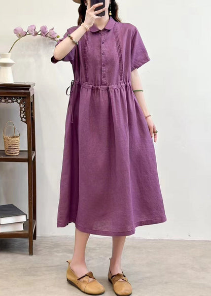 French Purple Tie Waist Button Linen Long Dresses Summer