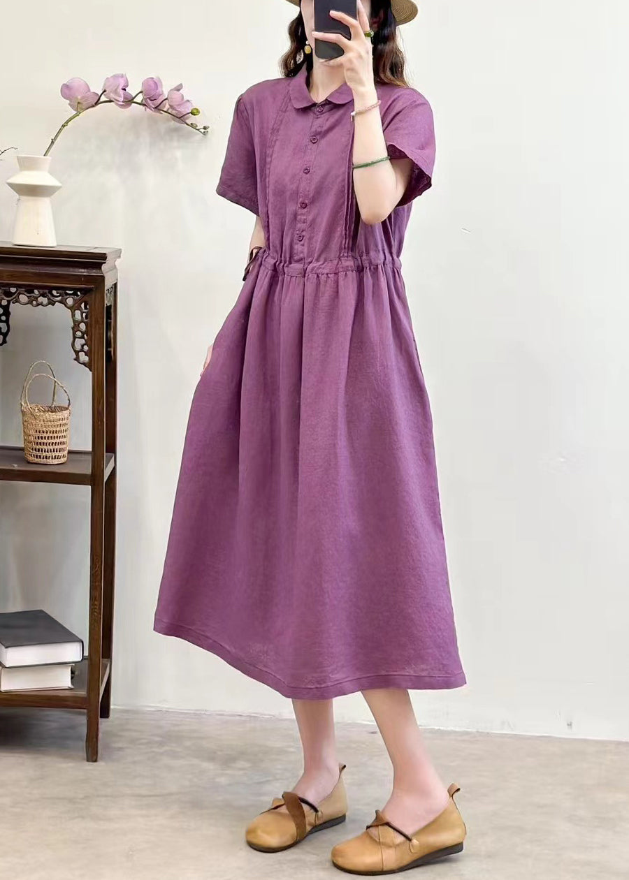 French Purple Tie Waist Button Linen Long Dresses Summer