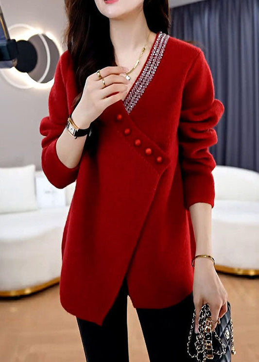 Französisch Lila V-ausschnitt Asymmetrische Design Stricken Lose