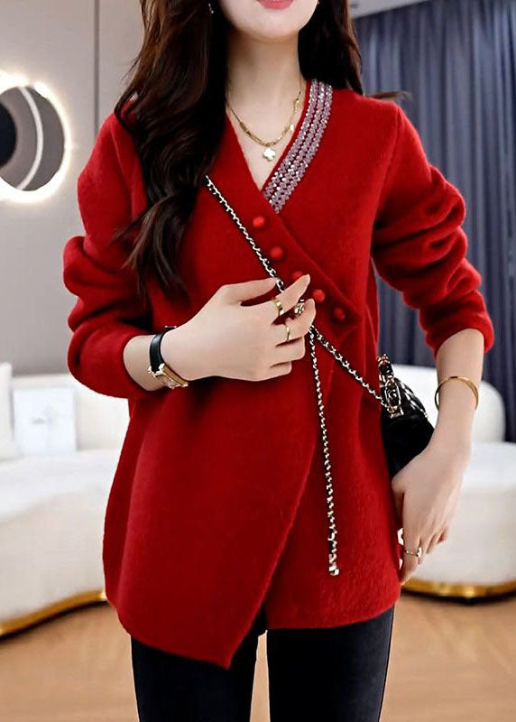 Französisch Lila V-ausschnitt Asymmetrische Design Stricken Lose