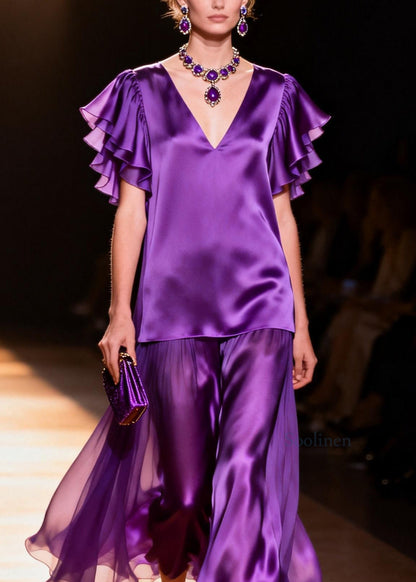 French Purple V Neck Patchwork Silk Dress Butterfly Sleeve