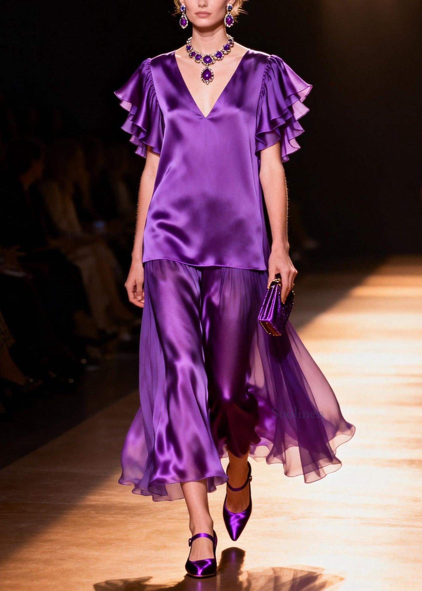 French Purple V Neck Patchwork Silk Dress Butterfly Sleeve