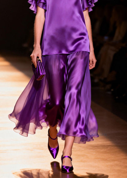 French Purple V Neck Patchwork Silk Dress Butterfly Sleeve
