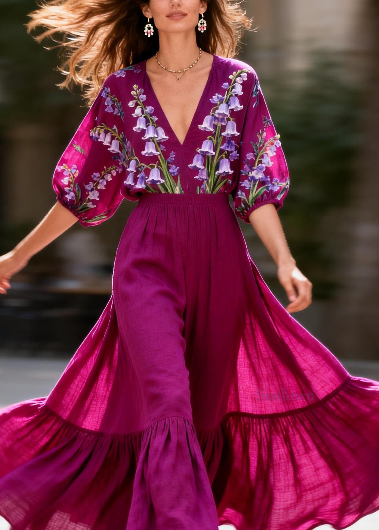 French Purple V Neck Print Patchwork Cotton Two Pieces Set Summer