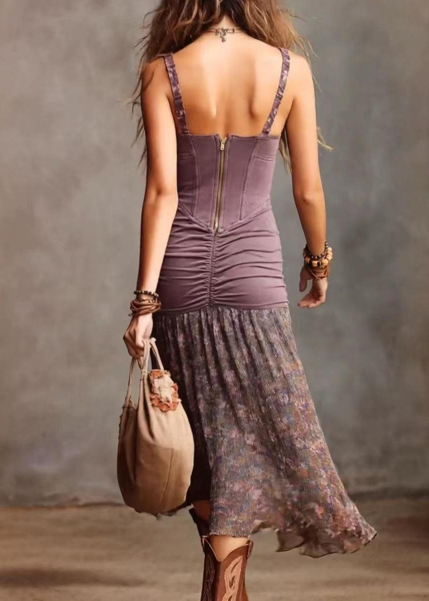 French Purple Wrinkled Patchwork Print Side Open Spaghetti Strap Dress Summer