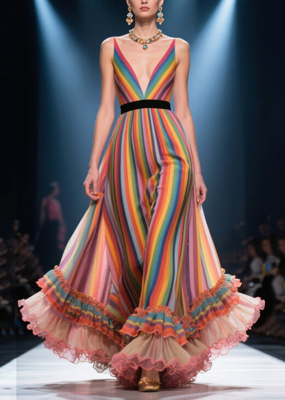 French Rainbow Deep-V Neck Patchwork Ruffled Chiffon Evening Dress Summer