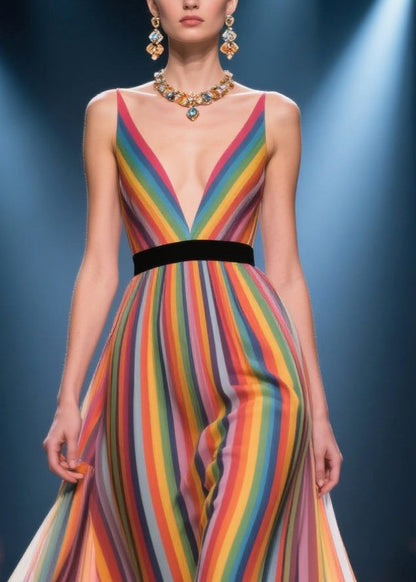 French Rainbow Deep-V Neck Patchwork Ruffled Chiffon Evening Dress Summer