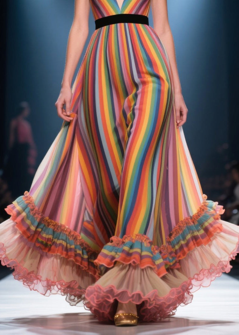 French Rainbow Deep-V Neck Patchwork Ruffled Chiffon Evening Dress Summer