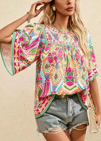 French Rainbow O-Neck Wrinkled Print Cotton Shirt Summer