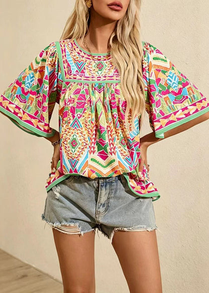 French Rainbow O-Neck Wrinkled Print Cotton Shirt Summer